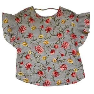 Como Vintage Floral Flutter Sleeve Blouse Striped Top Women's Small S